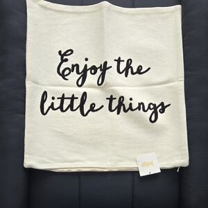 Indigo Cream Accent Pillow Cover with 'Enjoy the little things' Script